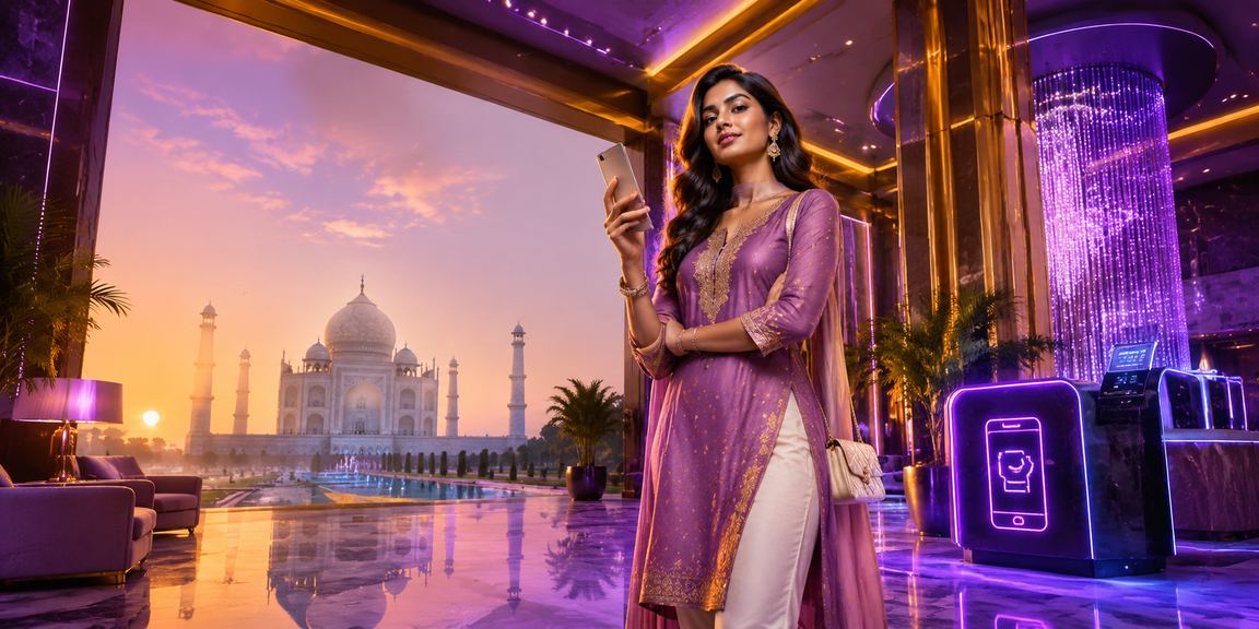 Woman celebrating Teen Patti game bonus in Agra with Taj Mahal backdrop